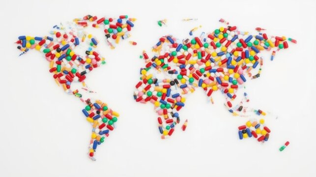 World Map Made of Colorful Pills and Capsules Global Healthcare Medicine
