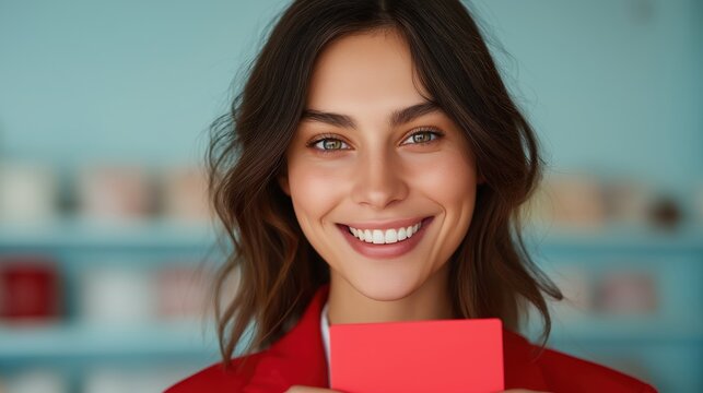 Close-up portrait of a young woman with shoulder-length brunette hair. she is smiling and looking directly at the camera. the woman is wearing a red blazer and is holding a red card in her hand.