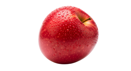 Close-up of a fresh, ripe red apple with water droplets, Isolated on transparent background, png