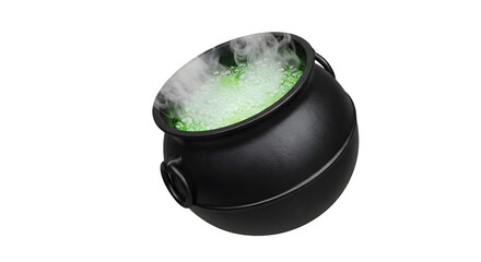 A black witch's cauldron filled with a bubbling, smoking green potion, Isolated on transparent background, png.
