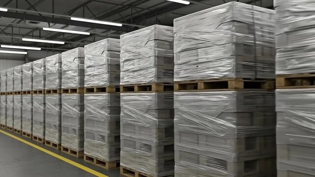 Gray Pallets Stacked with Meat Wrapped in Plastic Film Inside Large Warehouse Under Bright Industrial Lighting Ready for Shipment in Meat Industry Marketplace 200 characters