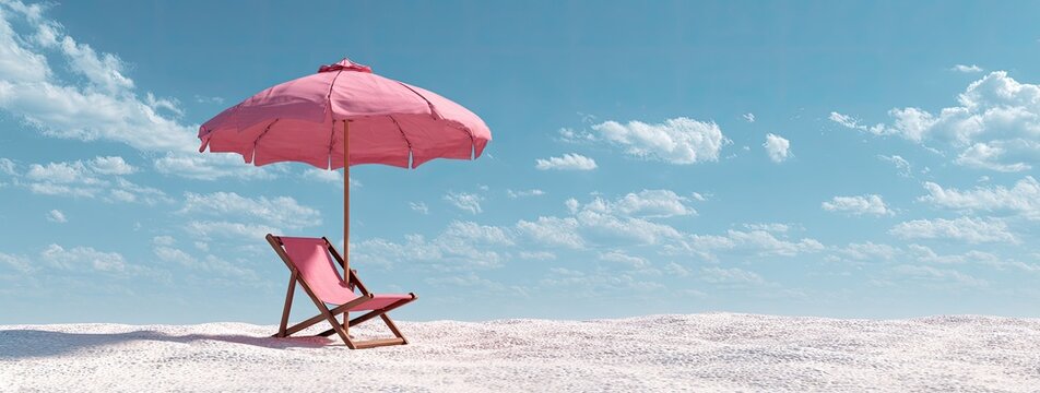 Pink beach umbrella and chair under a partly cloudy sky