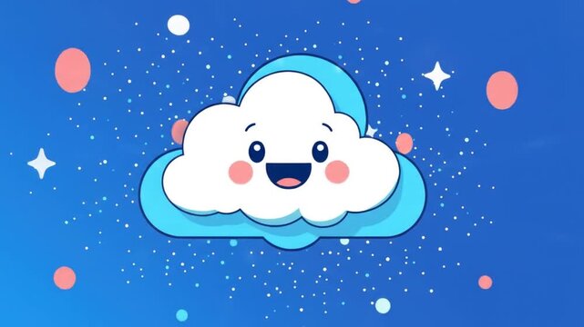 Animated cloud character with happy face and smiling on blue background