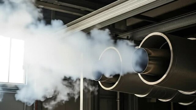 Heavy Smoke Flowing from Industrial Pipes Inside a Building with Black Ceiling and Beams Underneath a Bright Window Creating a Dramatic Scene at Indoor Meat Processing Facility