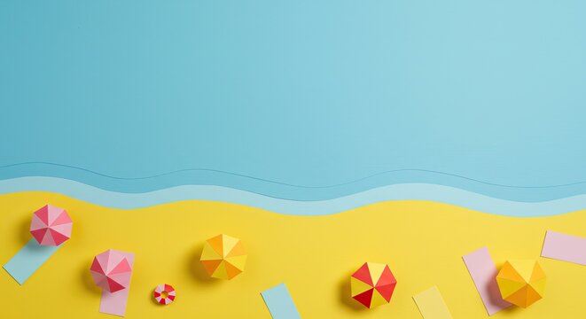 Vibrant summer beach scene with colorful paper umbrellas and towels evokes joyful vacation vibes and carefree relaxation by the ocean