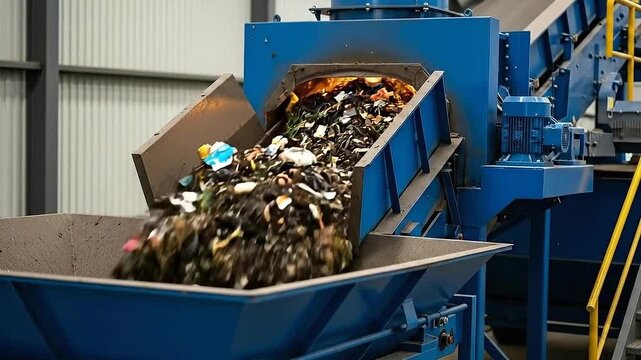 Industrial Blue Machine Recycling Mixed Waste Materials in Manufacturing Plant with Metal Structures and Conveyor Belts Under Bright Indoor Lighting in Recycling Facility 198 chars