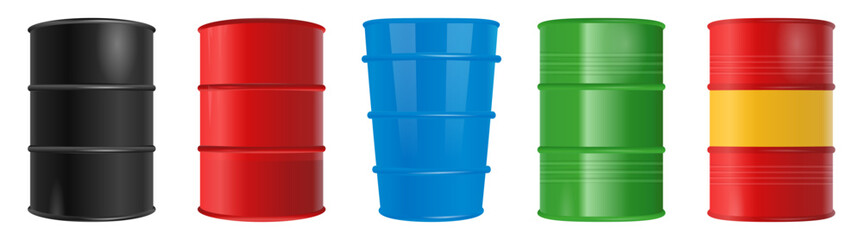 set of 3d realistic oil barrel drum. vector illustration