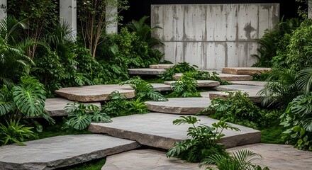 Curved Natural Stone Stepping Path Leading Through a Lush Tropical Garden, Surrounded by Dense Foliage, Ferns, and Monstera Plants with a Concrete Wall
