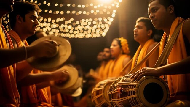 Devotional Music Performance Musicians Playing Traditional Indian Instruments During a Festive Celebration of Krishna and Radha