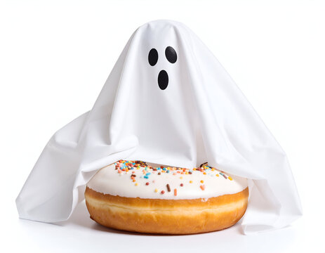 Funny Halloween ghost in a white sheet costume pretending to be scary while stuck inside a delicious glazed donut with sprinkles