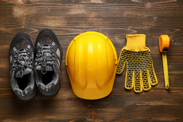 Hardhat, sneakers, gloves and measuring tape on wooden background