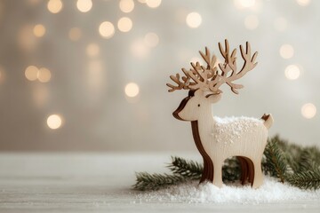 A delicate wooden reindeer stands amidst festive bokeh lights and greenery
