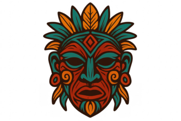 Stylized tribal mask with feathers and intricate patterns