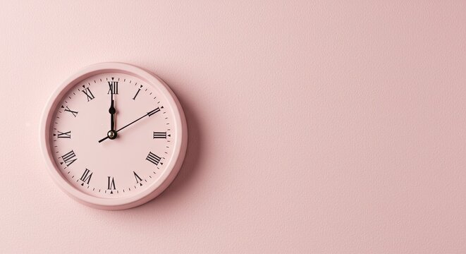 Charming pastel pink wall clock with Roman numerals displays precise time against a soft, textured pink background creating a serene and stylish focal point