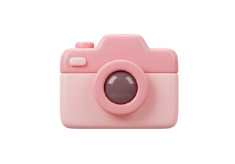 A cute, cartoon-style pink camera with a lens, buttons, and a flash, Isolated on transparent background, png.
