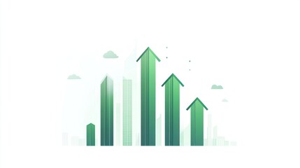 Fototapeta premium Green arrows rising above city skyline, growth concept, business success