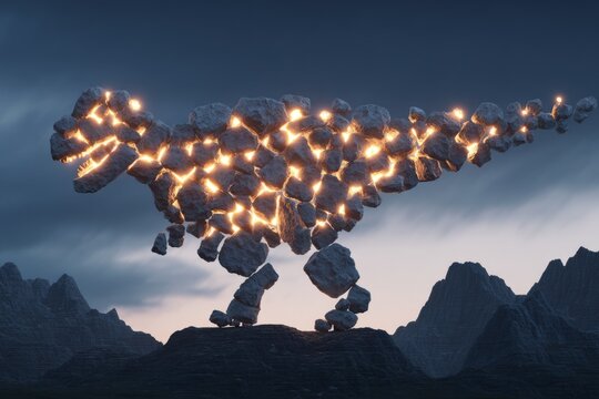 rearranged. Fossilized bone fragments suspended as glowing puzzle pieces forming an unknown dinosaur silhouette. wildlife magazines.
