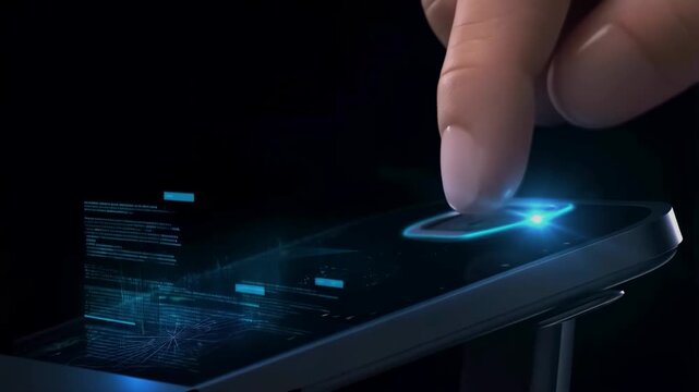 Biometric authentication for digital wallet and secure ID access. Finger scan verifying identity on smart device, enabling encrypted login, fintech security, and digital credential management.