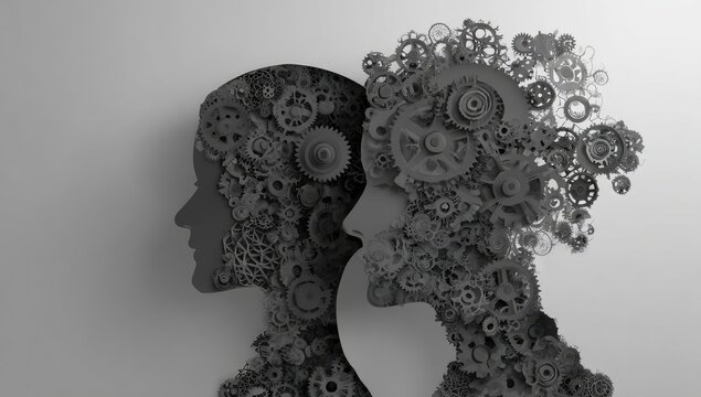 Two profile faces with intricate gears and cogs - Powered by Adobe