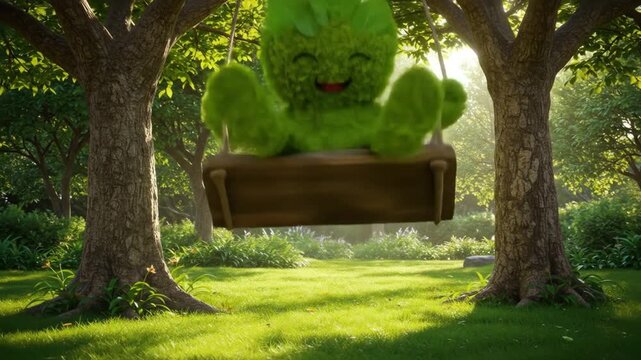 Animated green character swinging between trees in bright sunlight