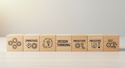 Visualize the dynamic design thinking process with these wooden blocks illustrating stages from Empathize, Idea Generation, Prototyping, to Testing and iteration for innovation and business success.