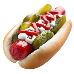 Delicious hot dog with toppings isolated on transparent background