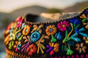 Obraz premium huipil. Embroidered huipil collar with floral patterns, highlighting Guatemalan textile artistry. event programs, museum guides, designed for cultural heritage projects and event programs. 