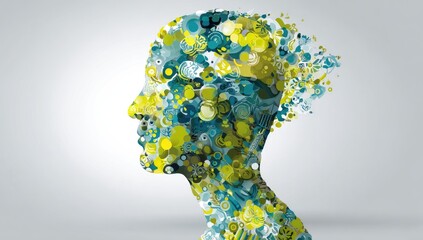 Profile view of a stylized head, filled with abstract shapes and colors