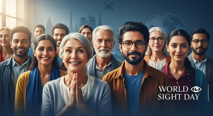 A diverse group of people, young and old, smiling and looking towards the viewer, with a "World Sight Day" graphic overlayed on the bottom right.