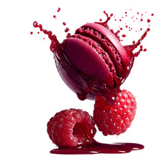 Raspberry macaron with bursting splash and fresh fruit against transparent background