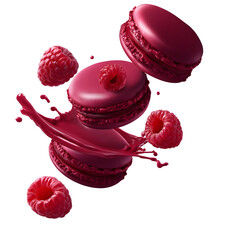 Delicious raspberry macarons with fresh berries and juice splash against transparent background