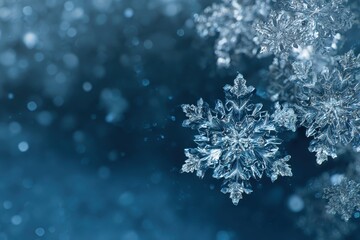 Macro shot of frozen snowflakes on a blue bokeh background. Use for winter holiday designs or seasonal greetings.