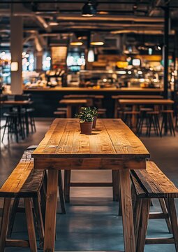 Wooden table in a food cout