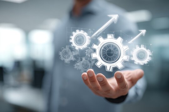 Businessman's hand holding a holographic projection of gears and arrows