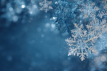 Silver and blue snowflakes on a soft, cool bokeh background. Perfect for winter holiday cards or seasonal web designs.