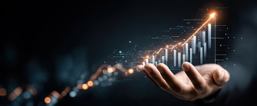 A hand holds a digital growth chart - Powered by Adobe