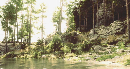Sunlight streams through the lush trees, illuminating a peaceful lake surrounded by vibrant greenery. Rocks and plants enhance the natural beauty, creating a tranquil atmosphere.