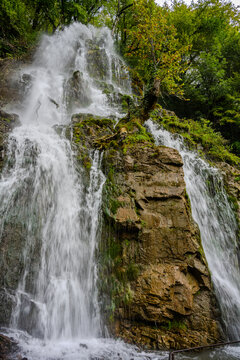 Khalkhal Waterfall over rocky cliff in Oghuz Azerbaijan