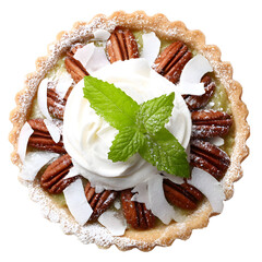 Delectable pecan tart with whipped cream coconut flakes and mint on transparent background