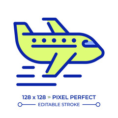 Airplane pixel perfect line color icon. Passenger plane flying in sky. Safe modern aircraft. Travelling by air. Isolated vector illustration. Flat colorful symbol design. Editable stroke