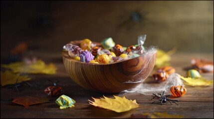 backlighting. Rustic wooden bowl filled with colorful candies, surrounded by autumn leaves for playful Halloween charm. representing seasonal cycles and harvest abundance.
