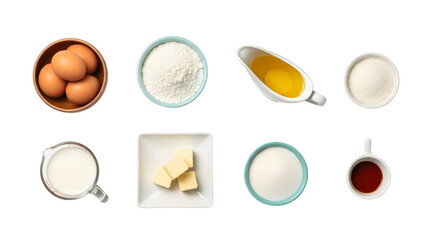 Flat lay overhead of essential baking ingredients eggs, flour, sugar, butter, and milk. isolated PNG with Transparent Background