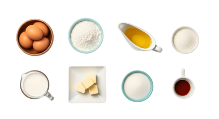 Flat lay overhead of essential baking ingredients eggs, flour, sugar, butter, and milk. isolated PNG with Transparent Background