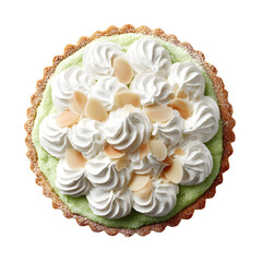 Delicious dessert tart with whipped cream and almond slices on a transparent background