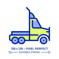 Semi truck pixel perfect line color icon. Combination of tractor unit and trailers to carry freight. Cargo vehicle. Isolated vector illustration. Flat colorful symbol design. Editable stroke