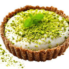Close up of a delicious pistachio tart on a transparent background culinary dessert concept