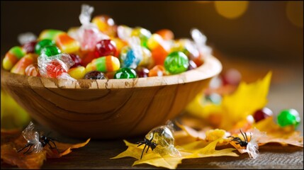 backlighting. Rustic wooden bowl filled with colorful candies, surrounded by autumn leaves for playful Halloween charm. representing seasonal cycles and harvest abundance.
