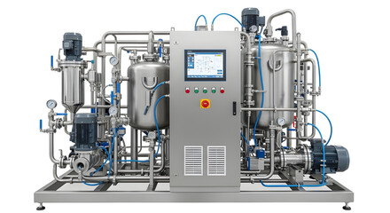 Fototapeta premium Automated industrial stainless steel processing unit and control panel for manufacturing isolated PNG with Transparent Background