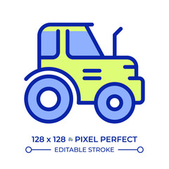 Tractor pixel perfect line color icon. Agricultural machine for plowing, planting and harvesting. Farm vehicle. Isolated vector illustration. Flat colorful symbol design. Editable stroke