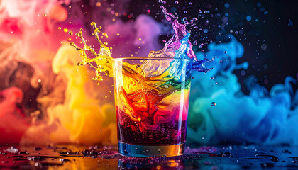 Dynamic splash of colorful cocktail drink in glass with ice. Vibrant, multi colored smoke creates an exciting mood